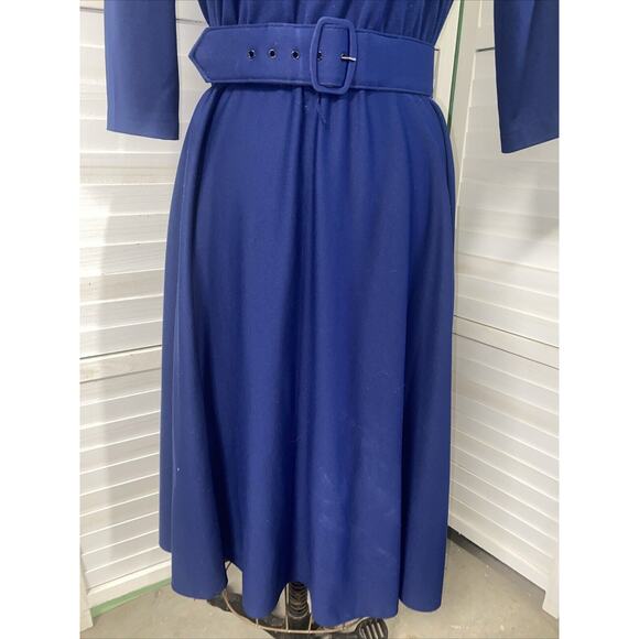Vtg 80s Whirlaway Frocks Navy 3/4 Sleeves Pleated Belted Fit & Flare Dress Sz 10 - Picture 3 of 10